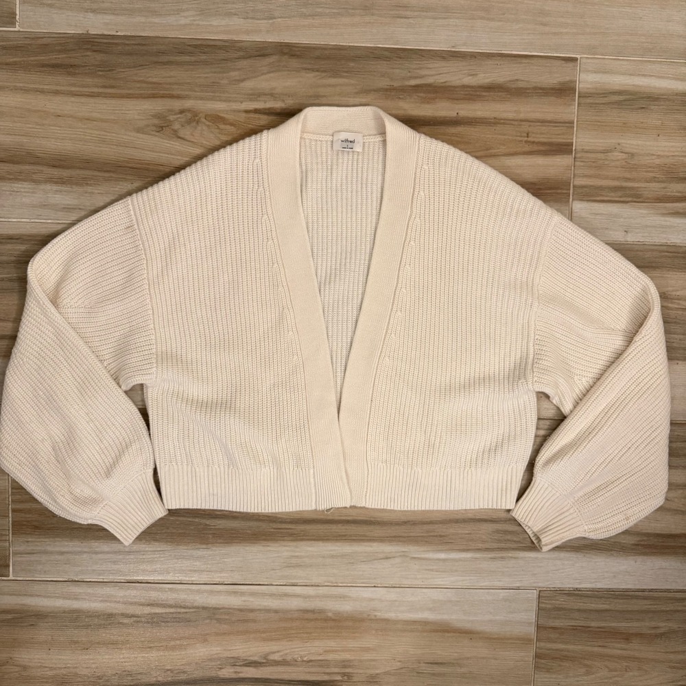 Aritzia Wilfred Thais Cardigan Wool Cropped Sweater Birch White Small 120994
